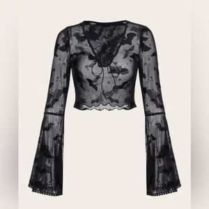 ROMWE Goth Bat Print Lace Up Mesh Top